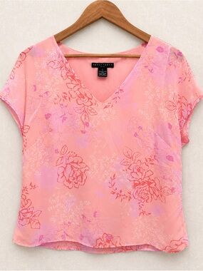 Apostrophe Petite Pink Floral Blouse Women’s 12P Sheer Layered V Neck Top